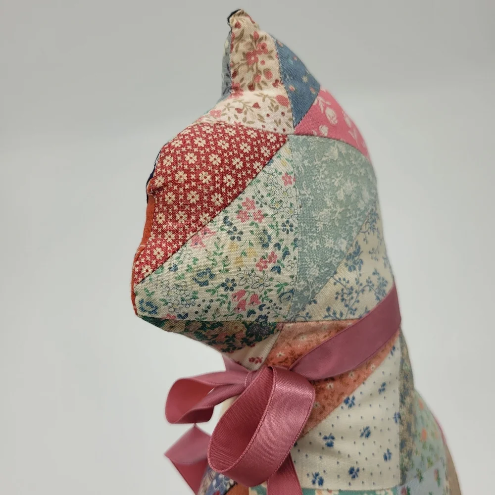 Vintage Patchwork Quilt Cat Pillow Pink Ribbon Cottage Granny Hand Crafted Decor